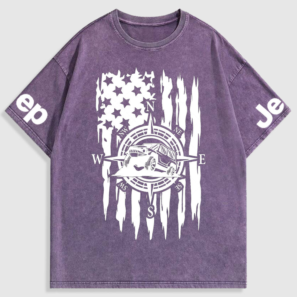 US Compass Car Mountains Flag Washed T-Shirt