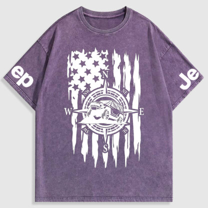US Compass Car Mountains Flag Washed T-Shirt