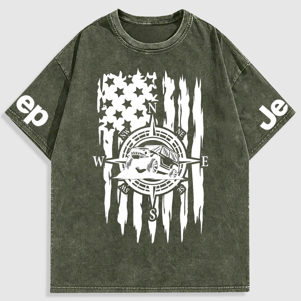 US Compass Car Mountains Flag Washed T-Shirt