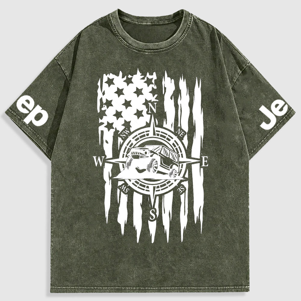 US Compass Car Mountains Flag Washed T-Shirt