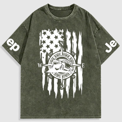 US Compass Car Mountains Flag Washed T-Shirt