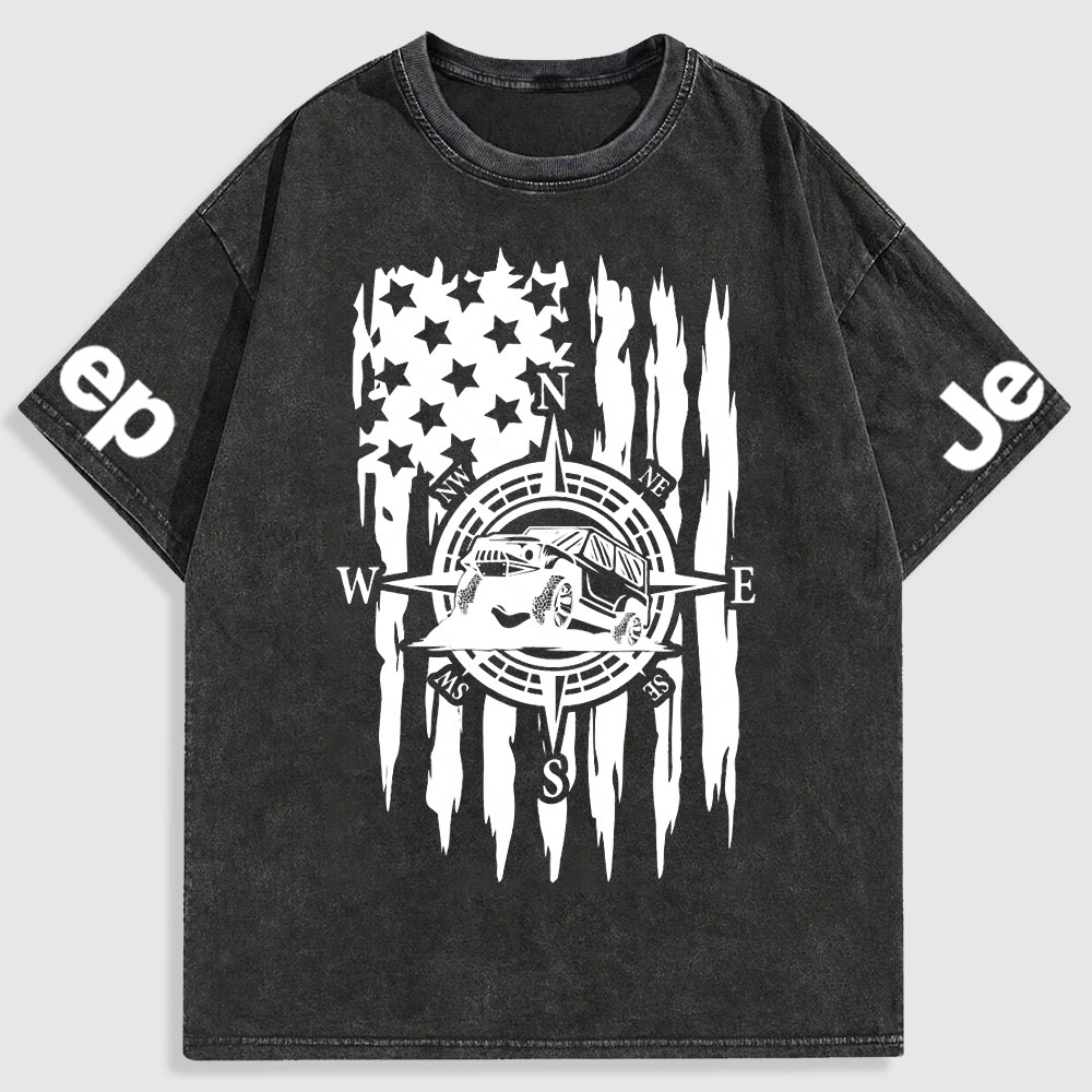 US Compass Car Mountains Flag Washed T-Shirt