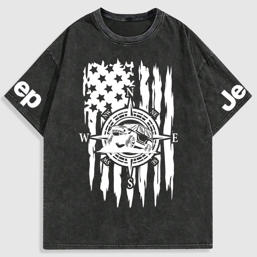 US Compass Car Mountains Flag Washed T-Shirt