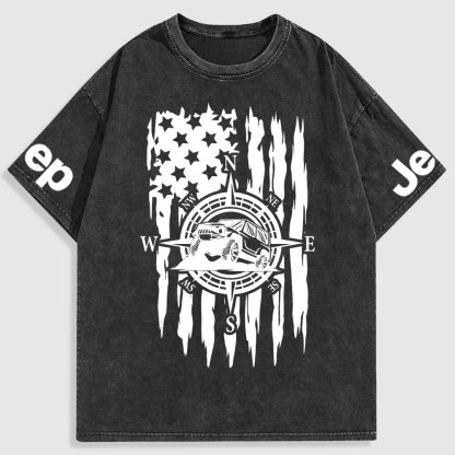 US Compass Car Mountains Flag Washed T-Shirt
