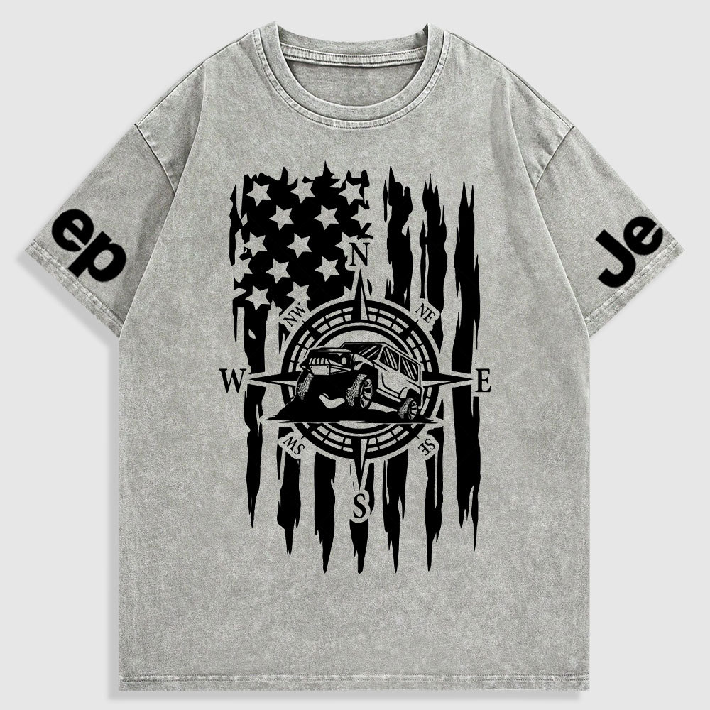 US Compass Car Mountains Flag Washed T-Shirt
