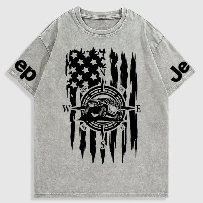US Compass Car Mountains Flag Washed T-Shirt