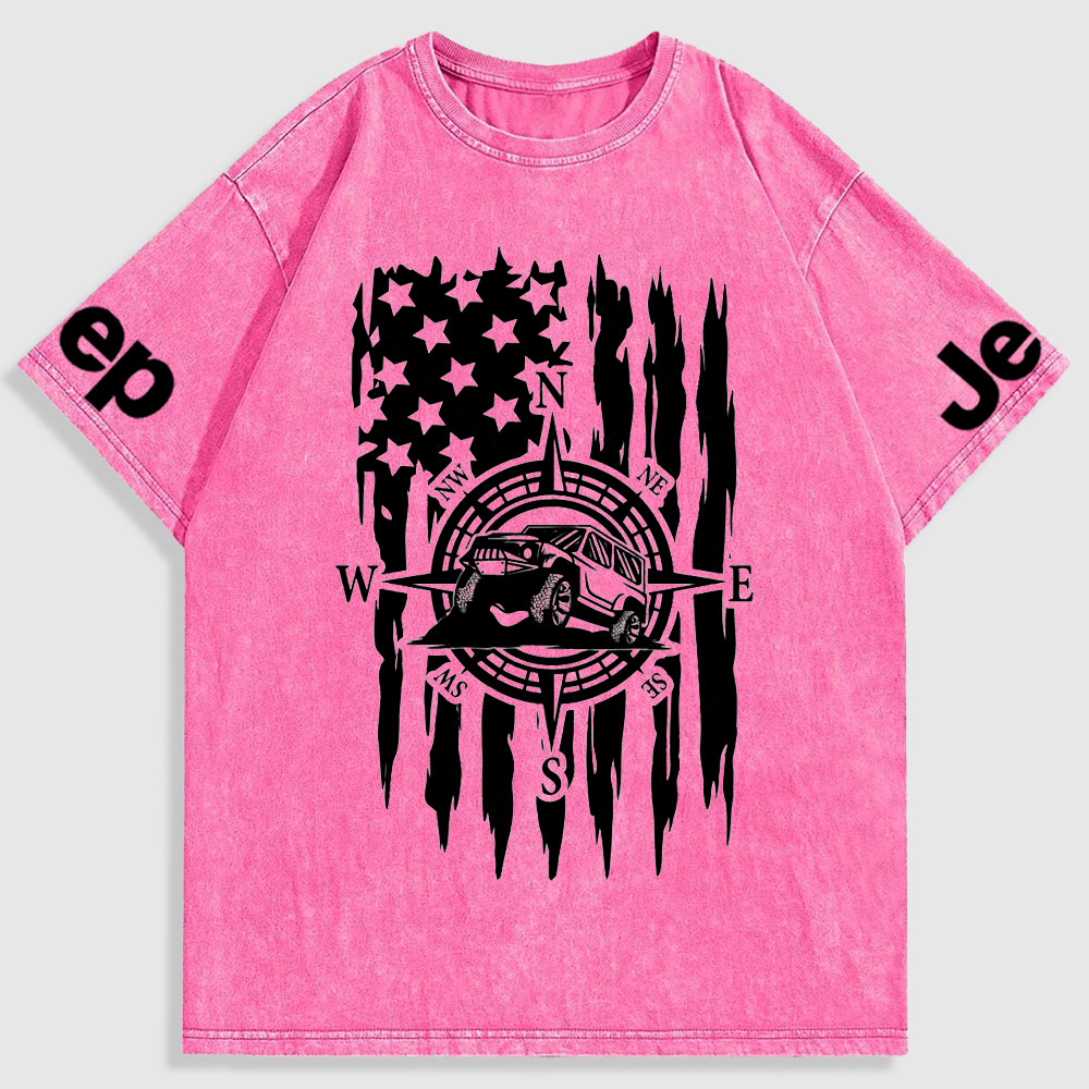 US Compass Car Mountains Flag Washed T-Shirt