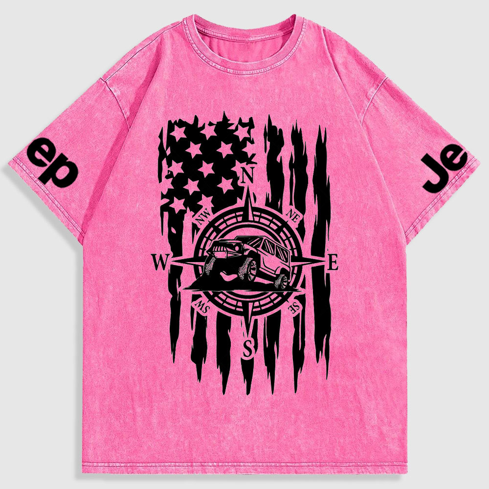 US Compass Car Mountains Flag Washed T-Shirt