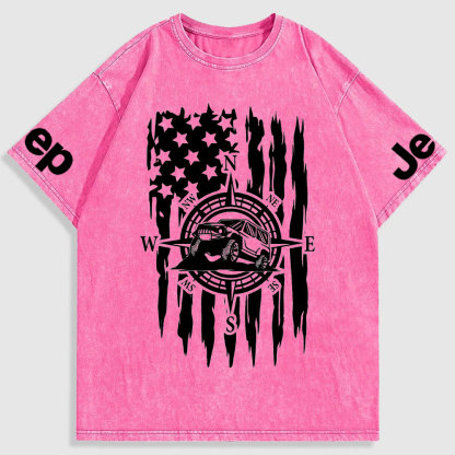 US Compass Car Mountains Flag Washed T-Shirt