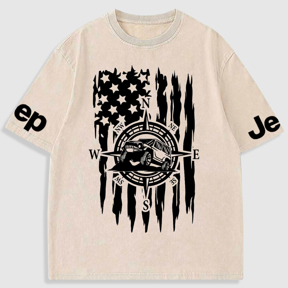 US Compass Car Mountains Flag Washed T-Shirt