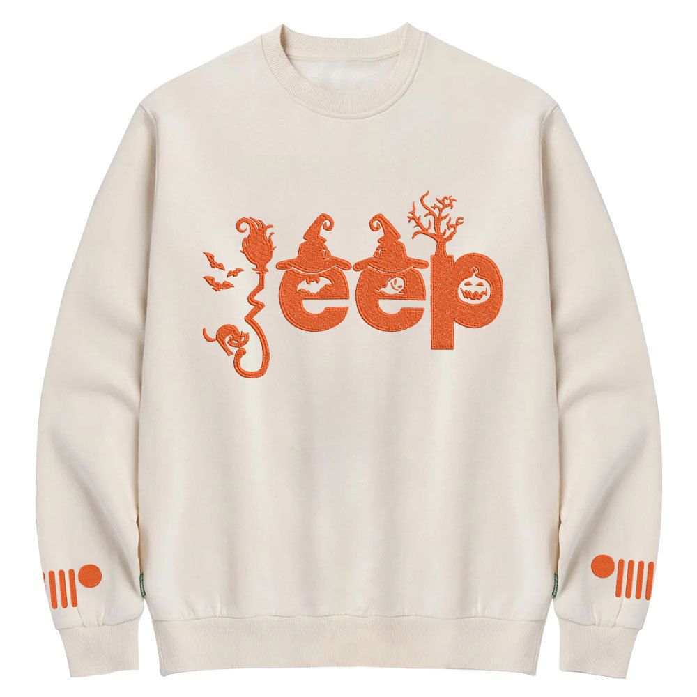 Halloween Elements Orange Jp Embroidery  Design Crew Neck Sweatshirt