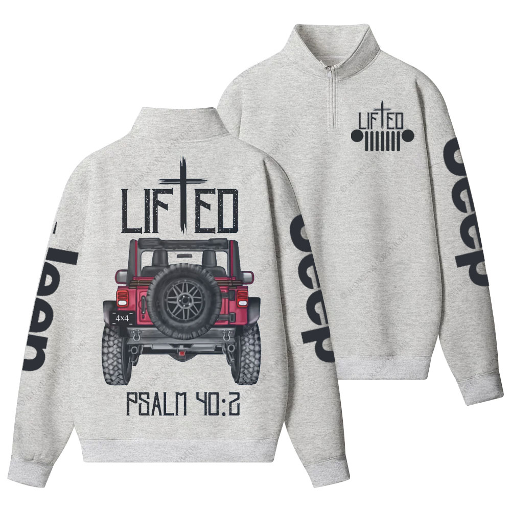 Christian "Lifted" Jp Truck Bible Verse Positive Vibes Double Printed Half-Zip Jacket Sweatshirt