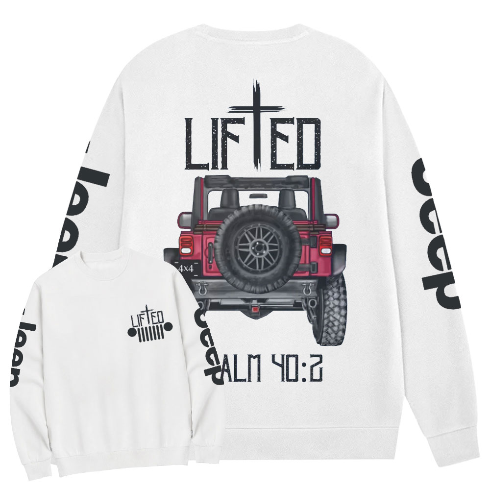 Christian "Lifted" Jp Truck Bible Verse Positive Vibes Double Printed Crew Neck Sweatshirt