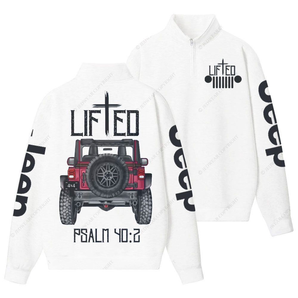 Christian "Lifted" Jp Truck Bible Verse Positive Vibes Double Printed Half-Zip Jacket Sweatshirt
