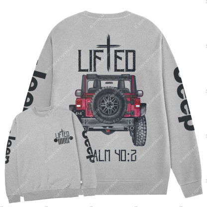 Christian "Lifted" Jp Truck Bible Verse Positive Vibes Double Printed Crew Neck Sweatshirt