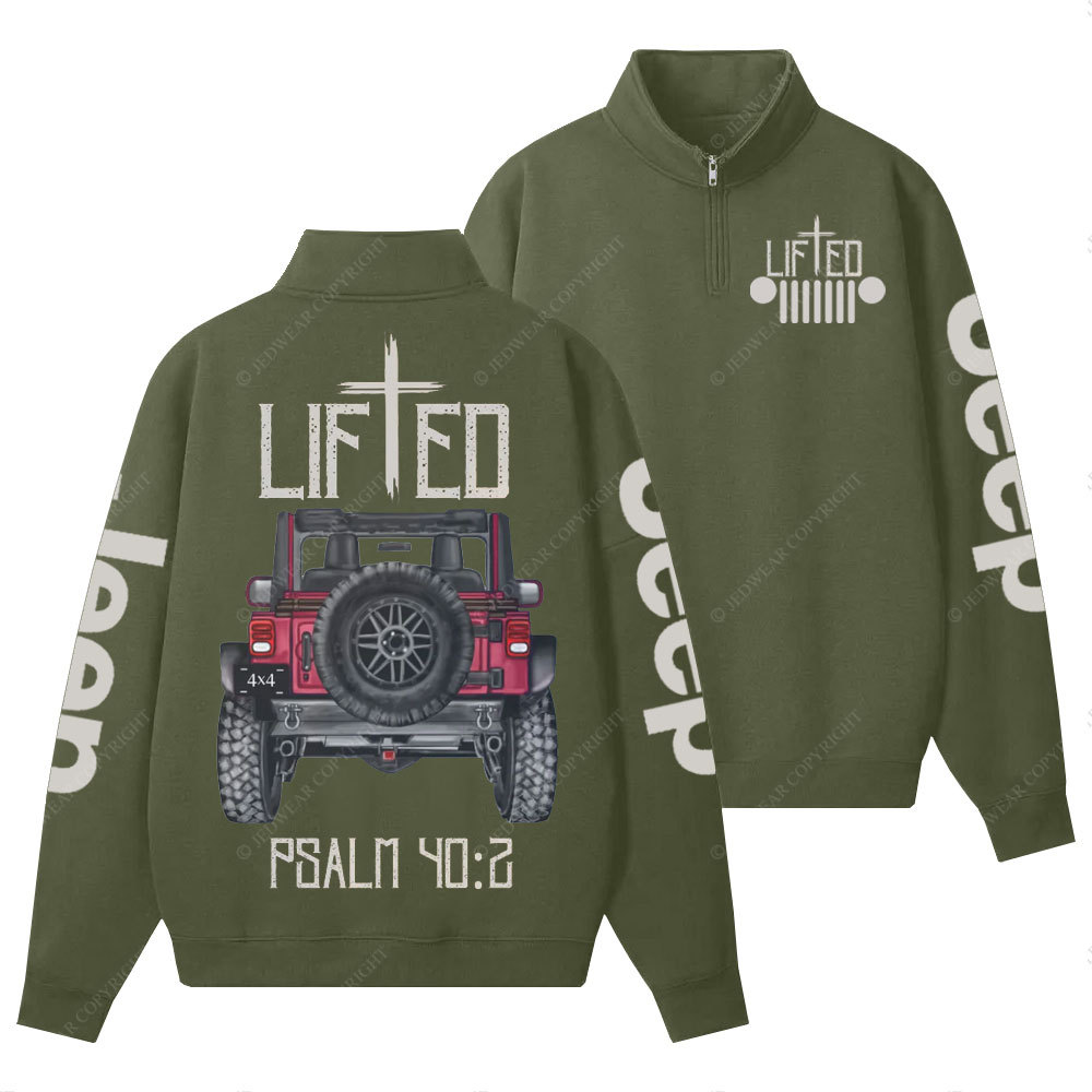 Christian "Lifted" Jp Truck Bible Verse Positive Vibes Double Printed Half-Zip Jacket Sweatshirt