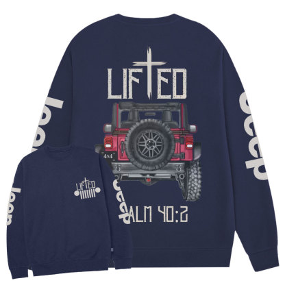 Christian "Lifted" Jp Truck Bible Verse Positive Vibes Double Printed Crew Neck Sweatshirt