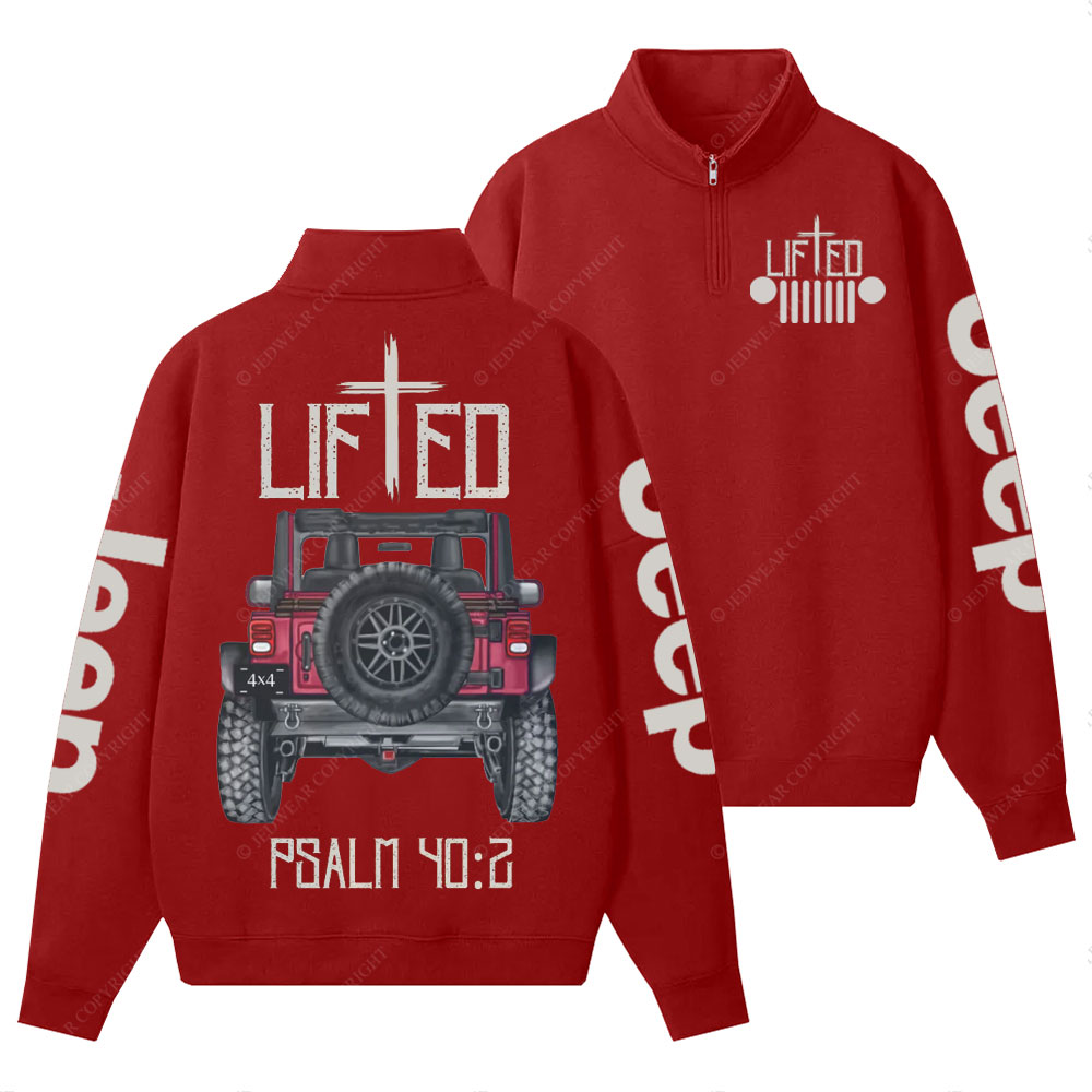 Christian "Lifted" Jp Truck Bible Verse Positive Vibes Double Printed Half-Zip Jacket Sweatshirt