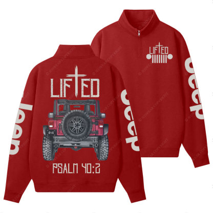 Christian "Lifted" Jp Truck Bible Verse Positive Vibes Double Printed Half-Zip Jacket Sweatshirt