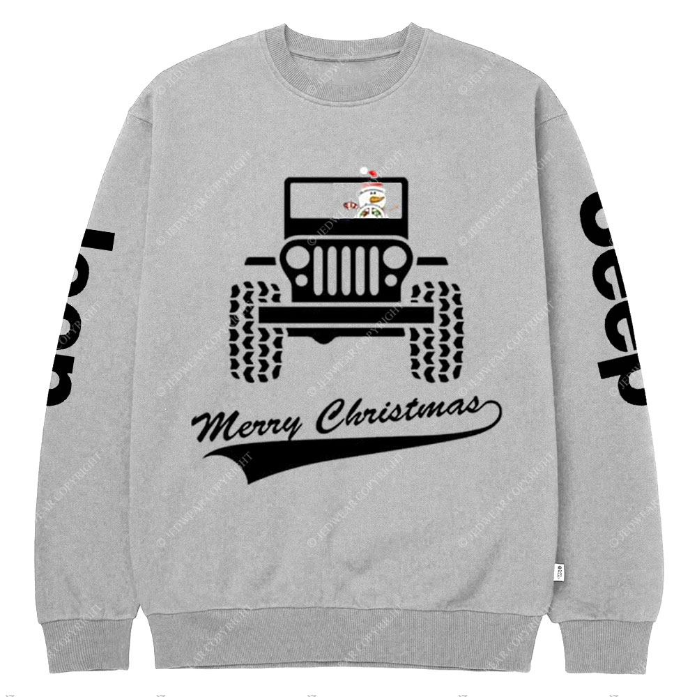 Snowman Drives a Jp to Greet the Merry Christmas Crew Neck Sweatshirt