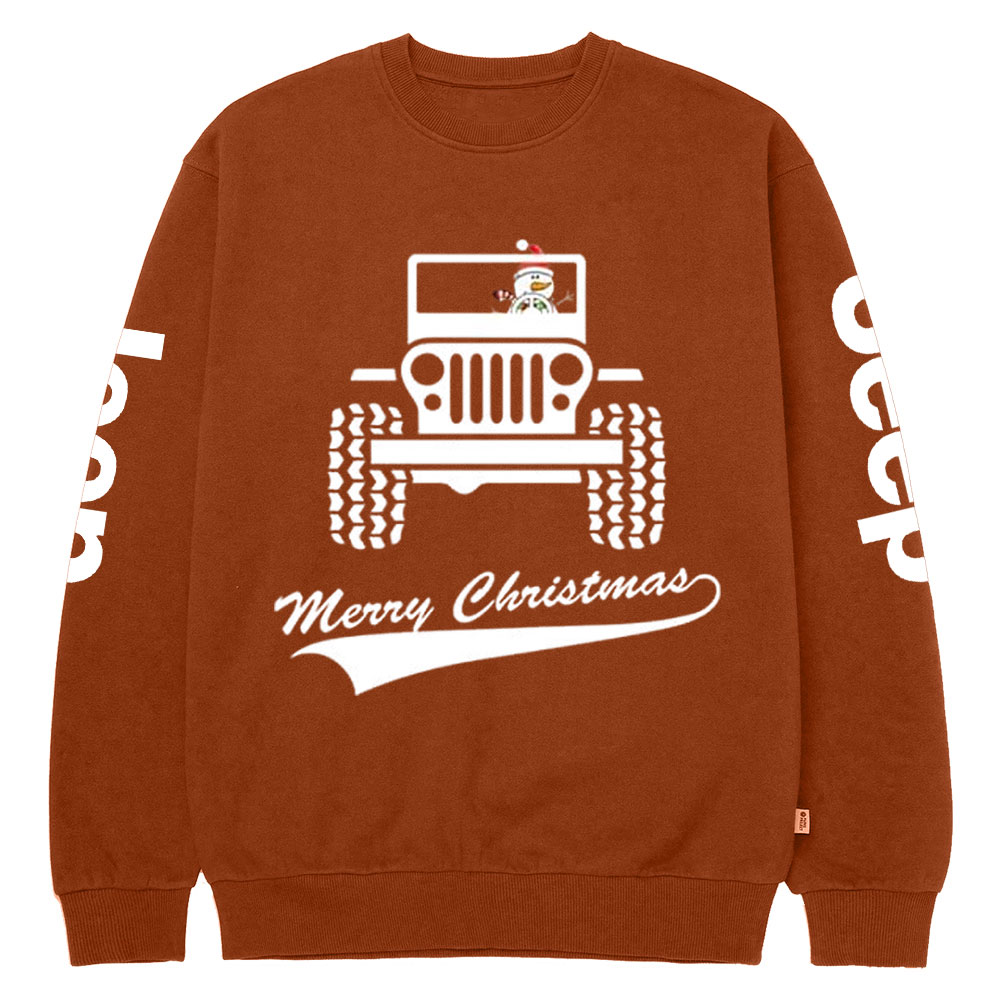 Snowman Drives a Jp to Greet the Merry Christmas Crew Neck Sweatshirt