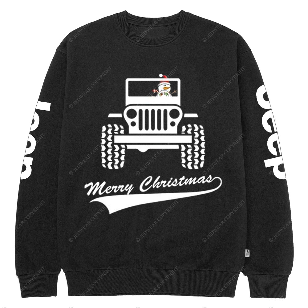 Snowman Drives a Jp to Greet the Merry Christmas Crew Neck Sweatshirt