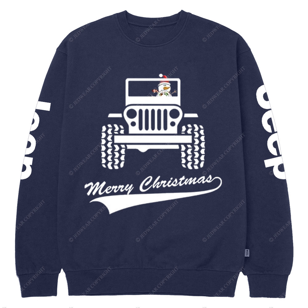 Snowman Drives a Jp to Greet the Merry Christmas Crew Neck Sweatshirt