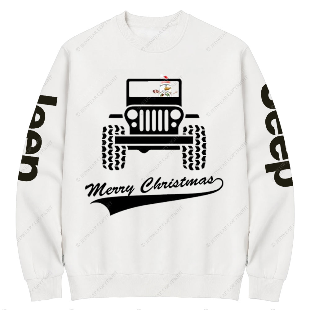 Snowman Drives a Jp to Greet the Merry Christmas Crew Neck Sweatshirt