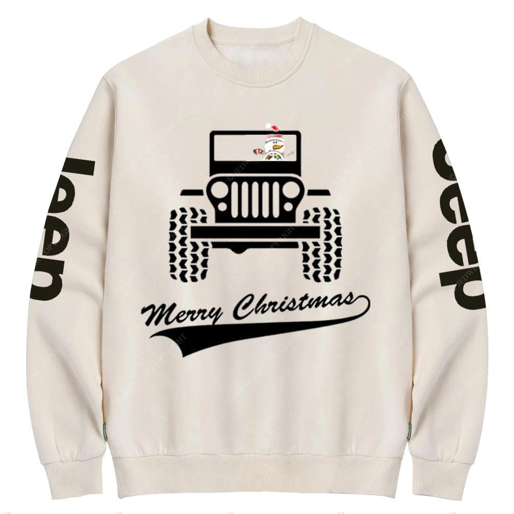 Snowman Drives a Jp to Greet the Merry Christmas Crew Neck Sweatshirt