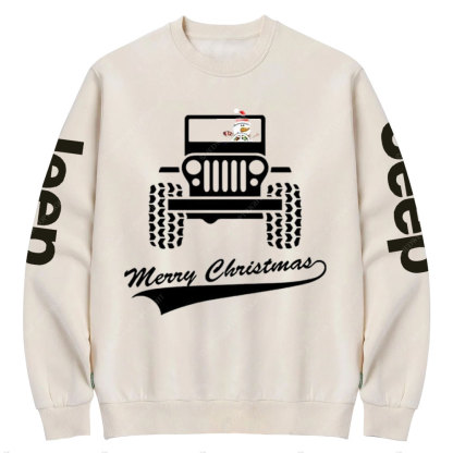 Snowman Drives a Jp to Greet the Merry Christmas Crew Neck Sweatshirt