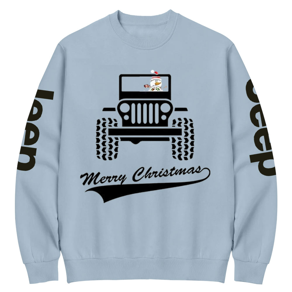 Snowman Drives a Jp to Greet the Merry Christmas Crew Neck Sweatshirt