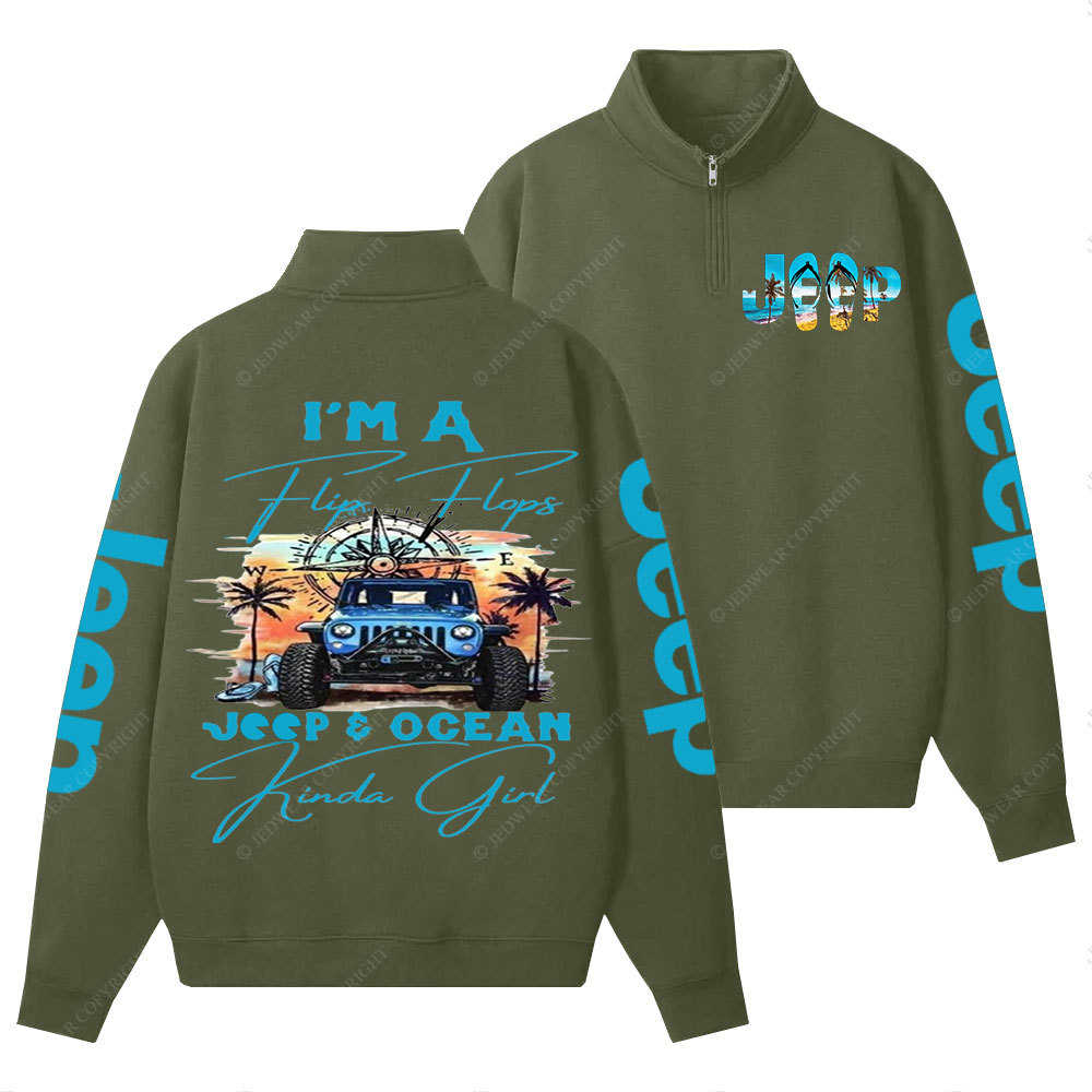 I'm a Flip Flops Jp and Ocean Kinda Girl Blue Half-Zip Jacket Sweatshirt