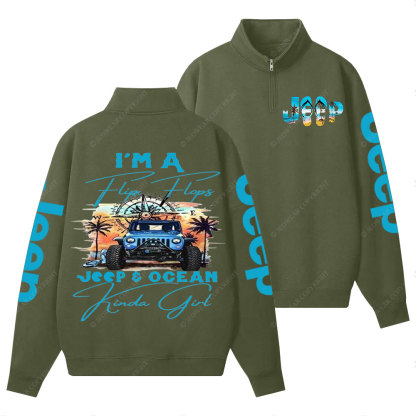 I'm a Flip Flops Jp and Ocean Kinda Girl Blue Half-Zip Jacket Sweatshirt