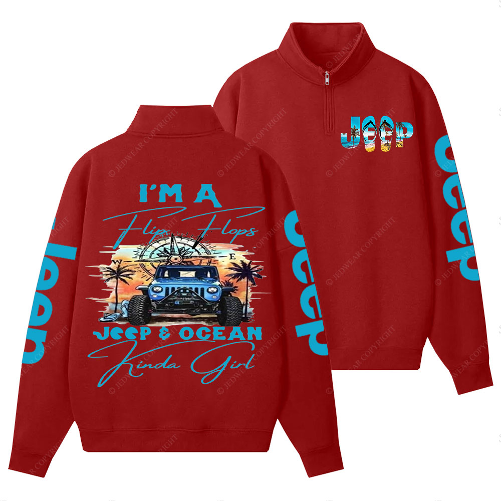 I'm a Flip Flops Jp and Ocean Kinda Girl Blue Half-Zip Jacket Sweatshirt