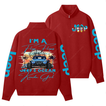 I'm a Flip Flops Jp and Ocean Kinda Girl Blue Half-Zip Jacket Sweatshirt