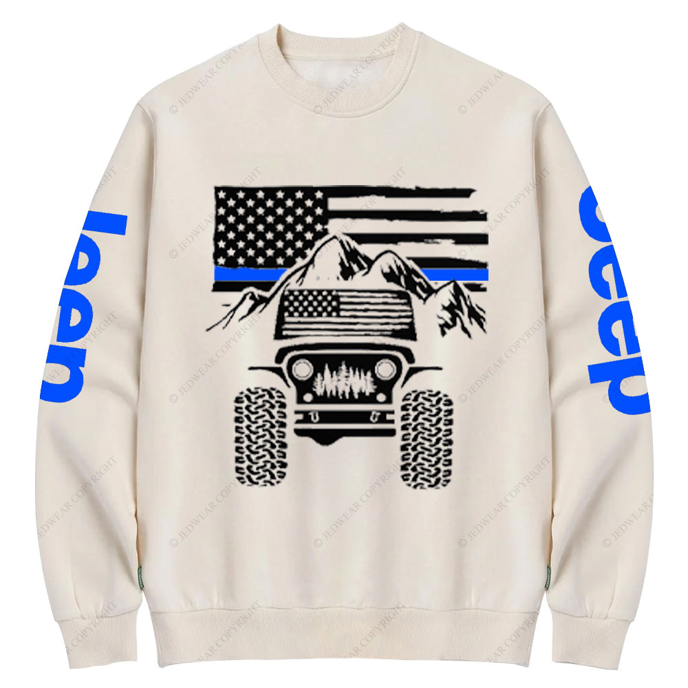 Jp American Flag Mountains Police Blue Line Crew Neck Sweatshirt