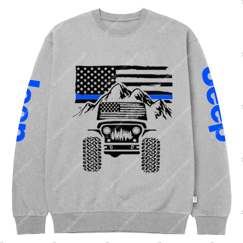 Jp American Flag Mountains Police Blue Line Crew Neck Sweatshirt