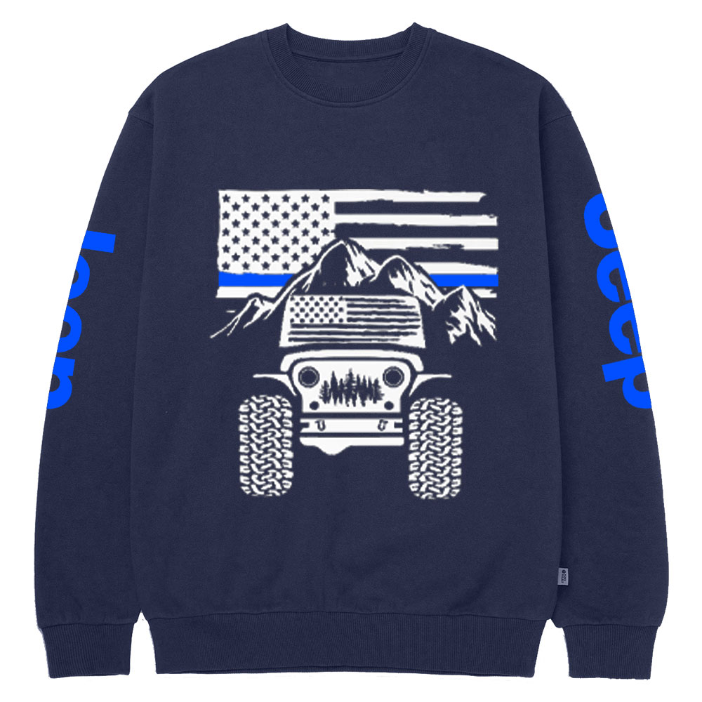 Jp American Flag Mountains Police Blue Line Crew Neck Sweatshirt