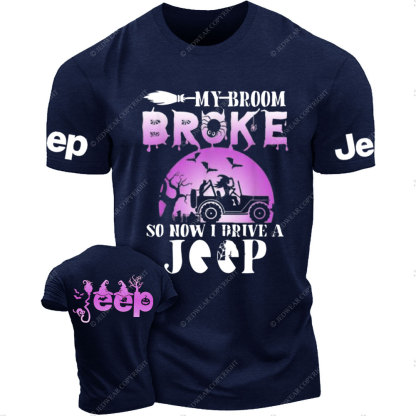 Purple Halloween My Broom Broke So Now I Drive A Jp Witches T-Shirt