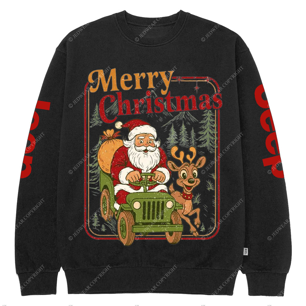 Vintage Merry Christmas Santa Funny Reindeer Holiday Crew Neck Sweatshirt