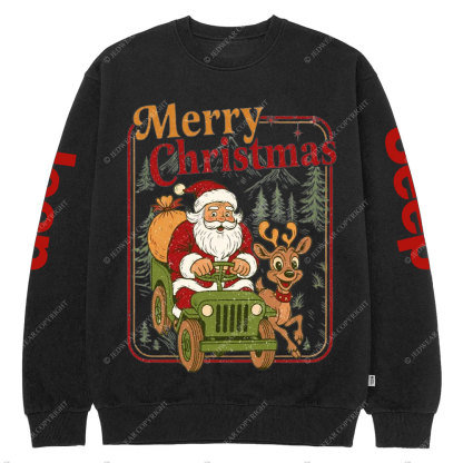Vintage Merry Christmas Santa Funny Reindeer Holiday Crew Neck Sweatshirt