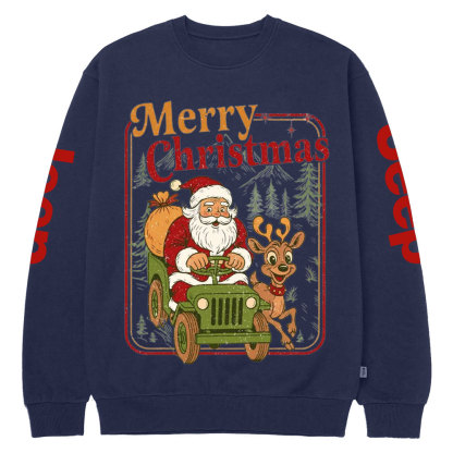 Vintage Merry Christmas Santa Funny Reindeer Holiday Crew Neck Sweatshirt