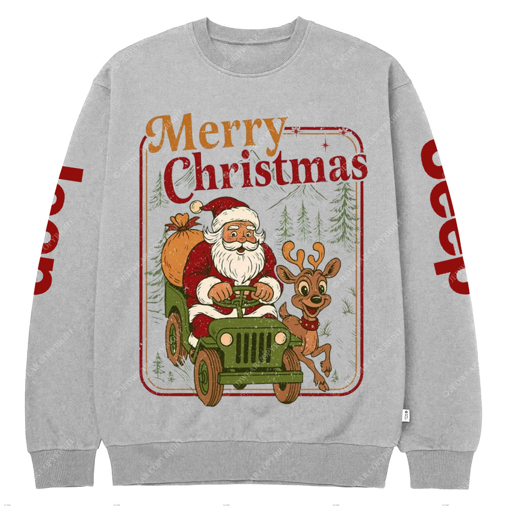 Vintage Merry Christmas Santa Funny Reindeer Holiday Crew Neck Sweatshirt