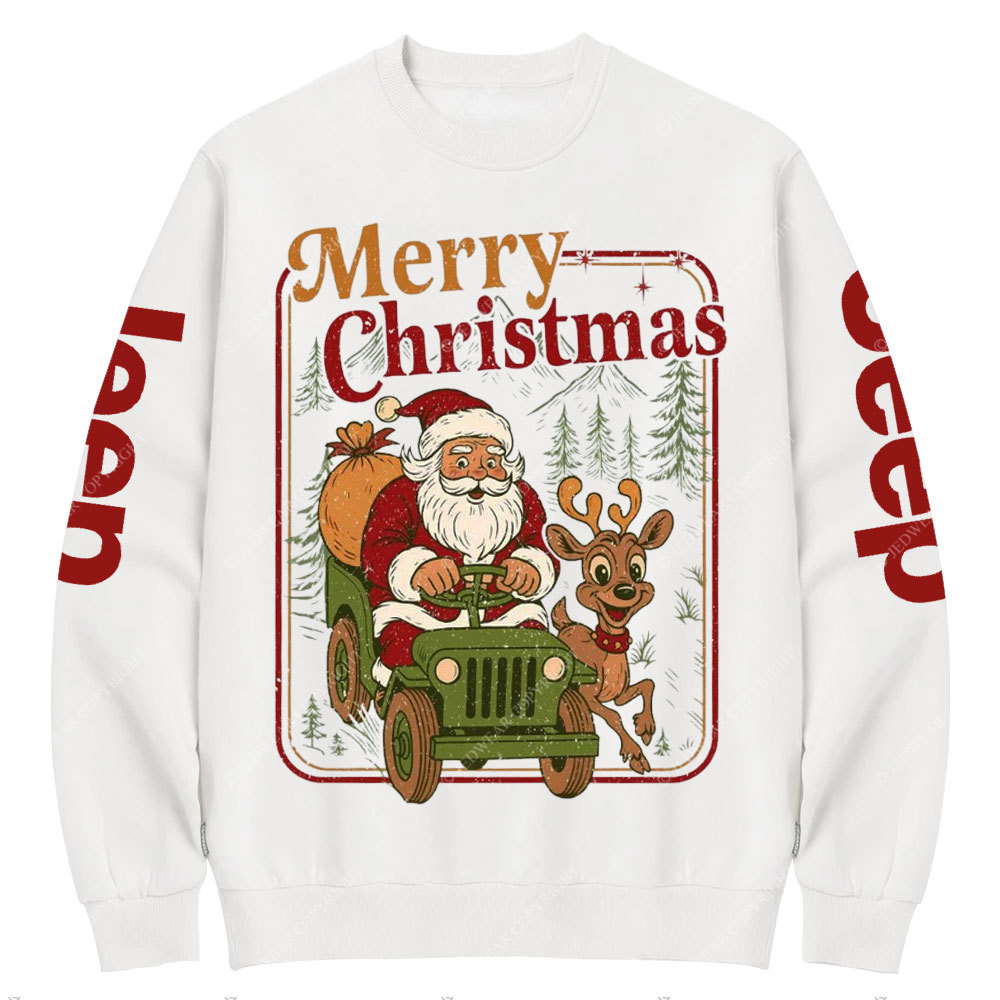 Vintage Merry Christmas Santa Funny Reindeer Holiday Crew Neck Sweatshirt