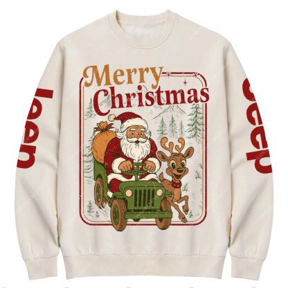 Vintage Merry Christmas Santa Funny Reindeer Holiday Crew Neck Sweatshirt
