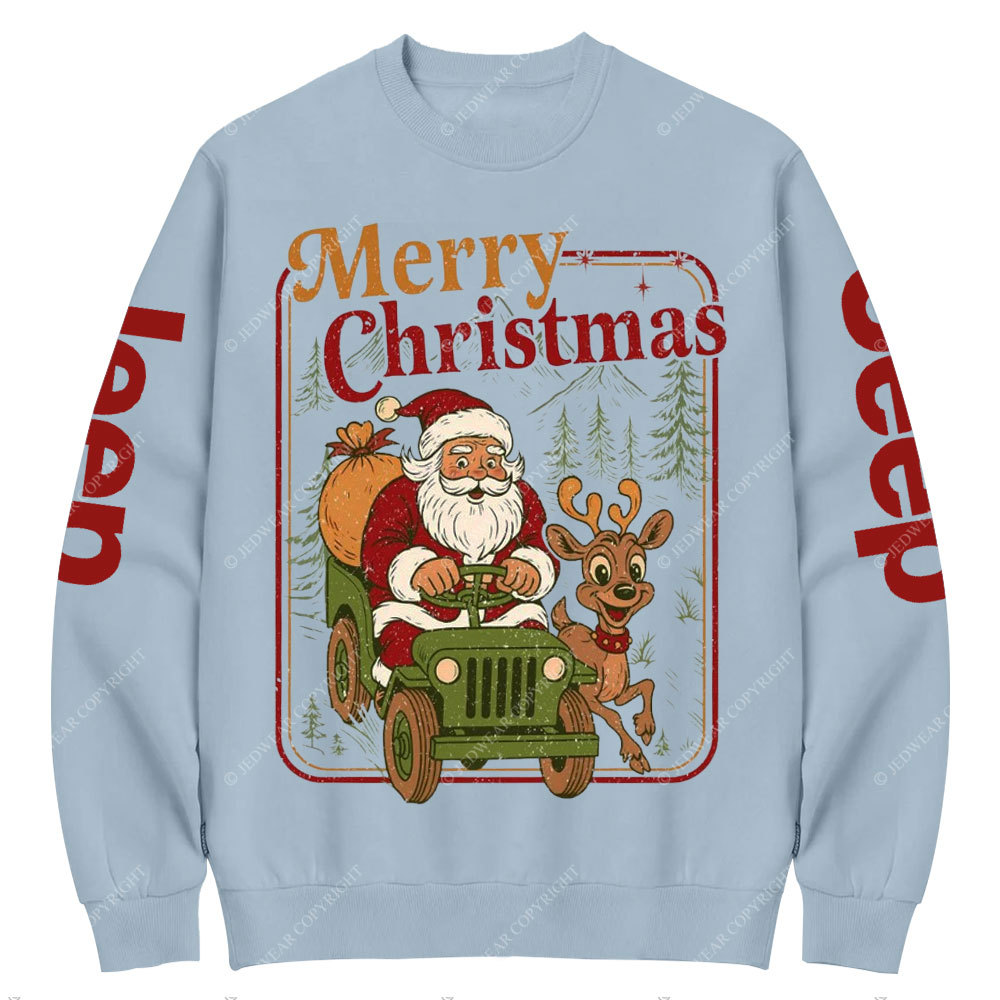 Vintage Merry Christmas Santa Funny Reindeer Holiday Crew Neck Sweatshirt