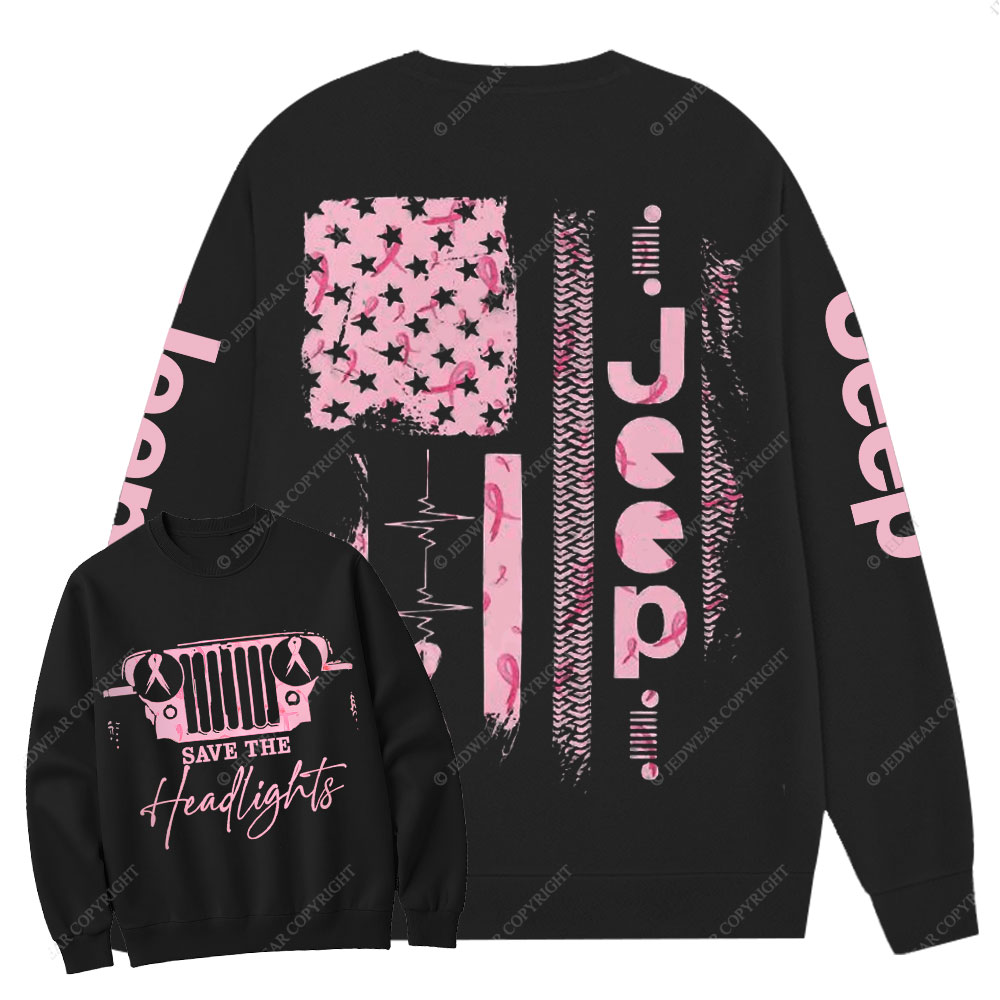 Pink Jeep Save the Headlights Ribbon Breast Cancer Awareness Women Crew Neck Sweatshirt