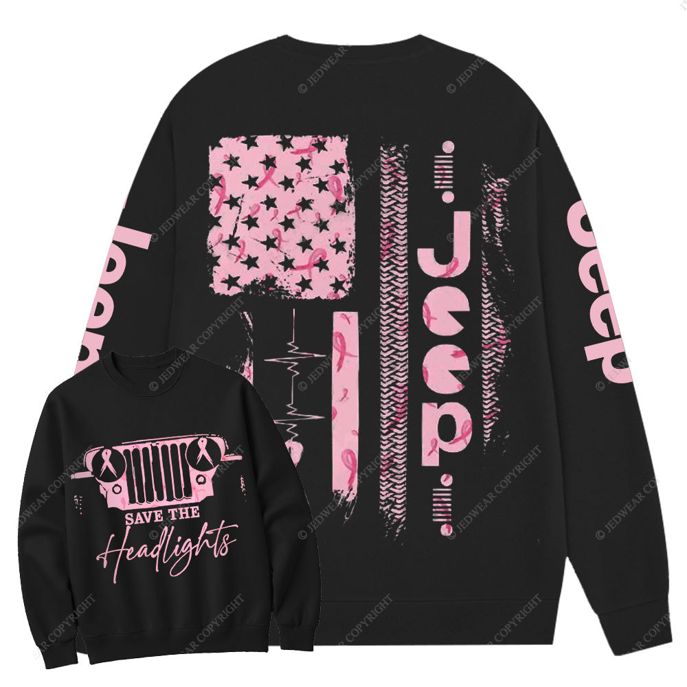 Pink Jeep Save the Headlights Ribbon Breast Cancer Awareness Women Crew Neck Sweatshirt