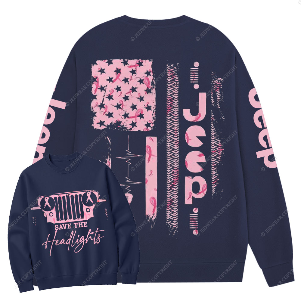 Pink Jeep Save the Headlights Ribbon Breast Cancer Awareness Women Crew Neck Sweatshirt