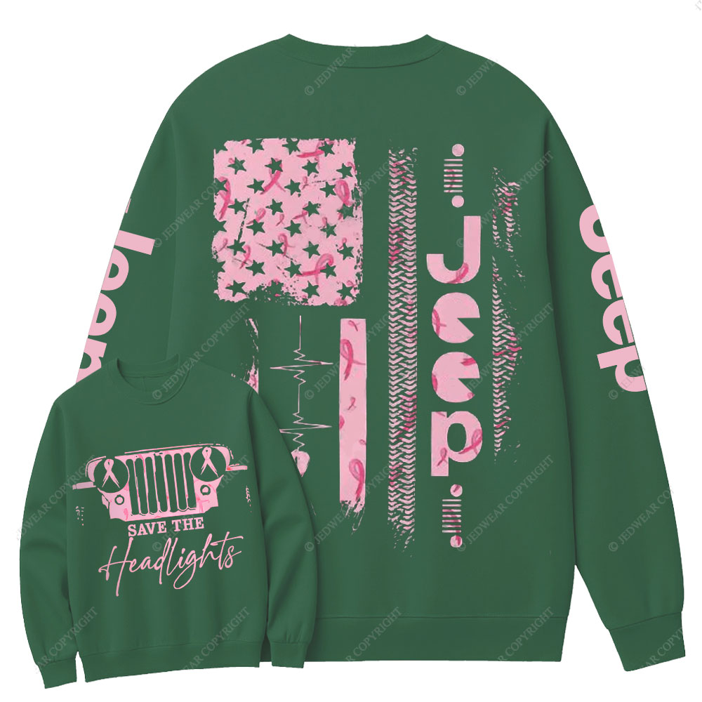 Pink Jeep Save the Headlights Ribbon Breast Cancer Awareness Women Crew Neck Sweatshirt
